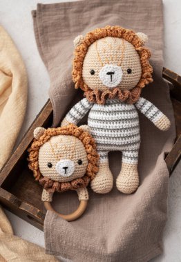 El yapımı tığ işi oyuncak aslan. El yapımı doldurulmuş oyuncak. Amigurumi..