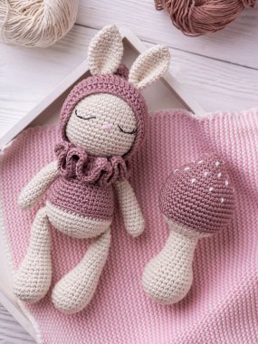 Tığ işi oyuncak tavşan ve mantar, amigurumi. El yapımı yumuşak oyuncaklar.