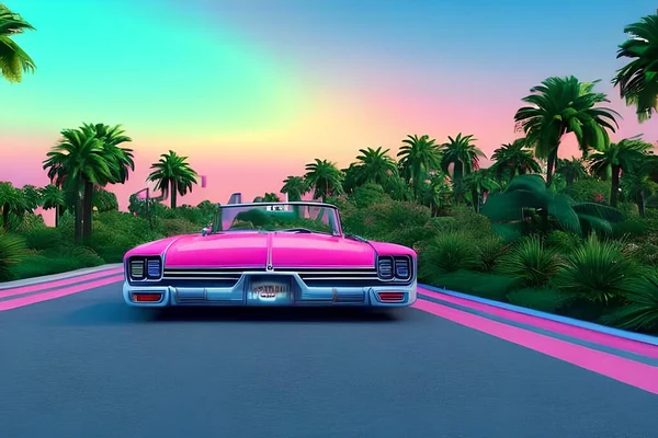 Retro car rides among the palm trees against the backdrop of the sunset in the city. Pink background in the style of retro sythwave 80s.