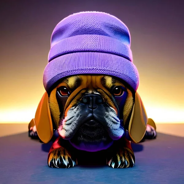 Bulldog portrait in a hipster hat and with knitted scarf. .
