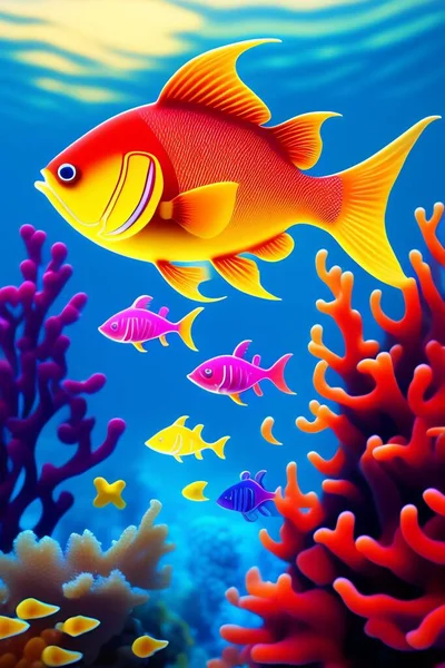 Illustration of cartoon tropical fish and beautiful underwater world with corals.