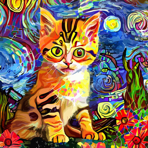 An artistically designed and digitally painted, abstract impressionist style portrait of a cute fluffy little kitten sitting in the garden.