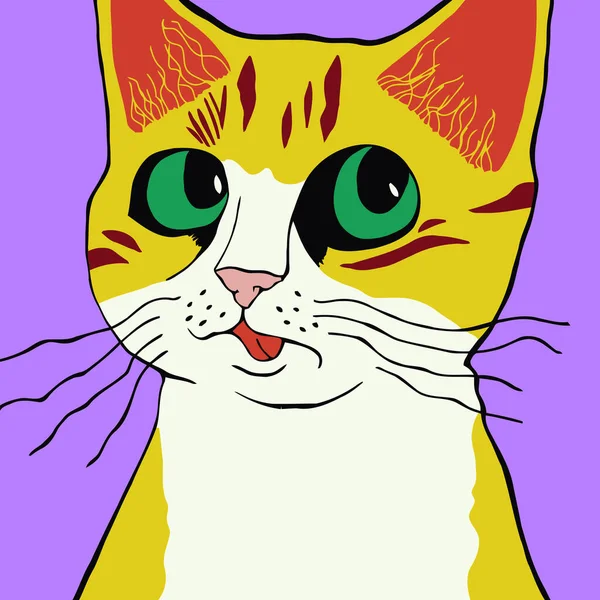 Jednoduchá Rozmarná Ilustrace Roztomilého Pestrobarevného Kočičího Portrétu Velkýma Zelenýma Očima — Stockový vektor