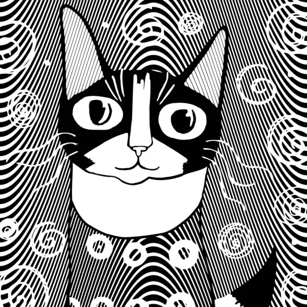 Artistically Designed Black White Cat Designed Linear Style Wood Cut — Stock Vector