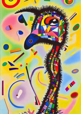 Kandinsky ve Bauhaus sanat hareketi tarzında tasarlanmış bir devekuşunun parlak ve renkli bir portresi.