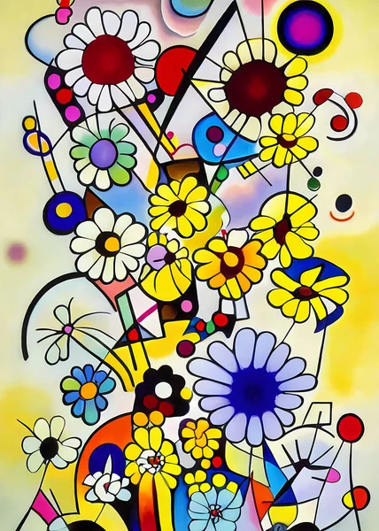 Jasna Kolorowa Abstrakcyjna Kompozycja Kwiatowego Wzoru Zaprojektowanego Stylu Kandinsky Ego — Zdjęcie stockowe