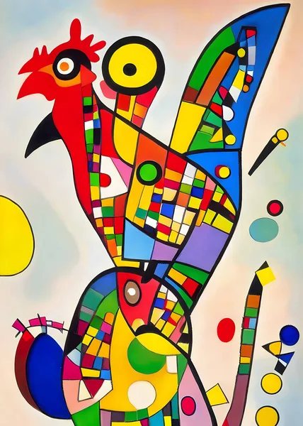 カンディンスキーとバウハウスの芸術運動のスタイルで設計された鶏の明るくカラフルな抽象的な肖像画構成 — ストック写真
