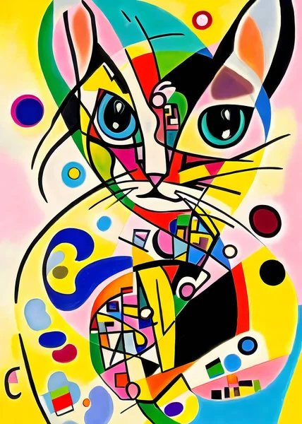 カンディンスキー様式の猫とバウハウス芸術運動の明るくカラフルな抽象的な肖像画構成 — ストック写真