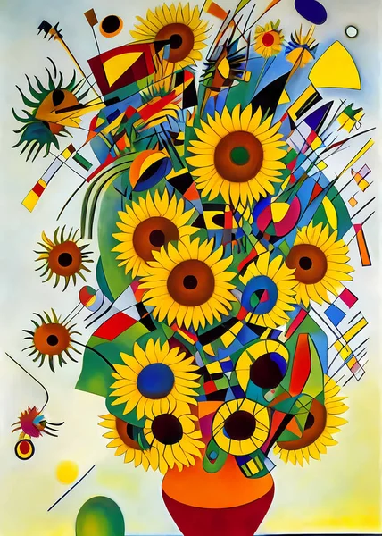 A bright and colorful abstract composition of a vase of sunflowers designed in the style of Kandinsky and the Bauhaus art movement