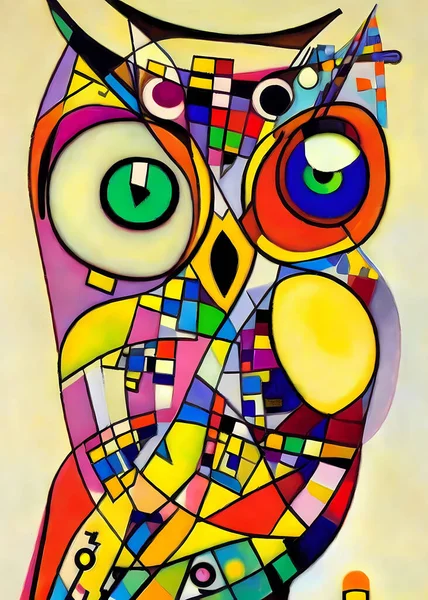 Jasna Kolorowa Abstrakcyjna Kompozycja Portretowa Sowy Zaprojektowanej Stylu Kandinsky Ego — Zdjęcie stockowe