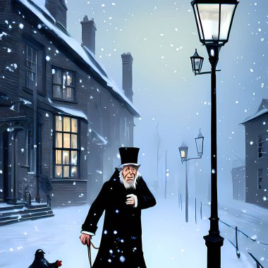 Ebenezer Scrooge 'un soğuk, karlı bir günde Victoria döneminden kalma bir sokakta yürüdüğü bir Noel sahnesi.