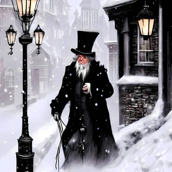 在寒冷的雪天里 一个圣诞的冬季场景 Ebenezer Scrooge走过维多利亚时代的街道 — 图库照片