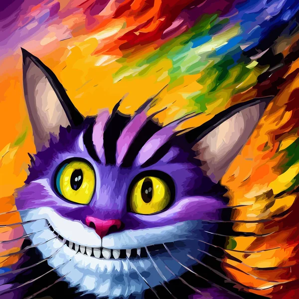 デジタルパレットナイフとブラシストロークエフェクトで作成されたCheshire猫のカラフルで活気のある肖像画 — ストックベクタ