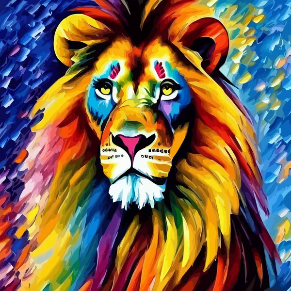 Retrato Artisticamente Projetado Pintado Digitalmente Vibrante Colorido Leão — Vetor de Stock