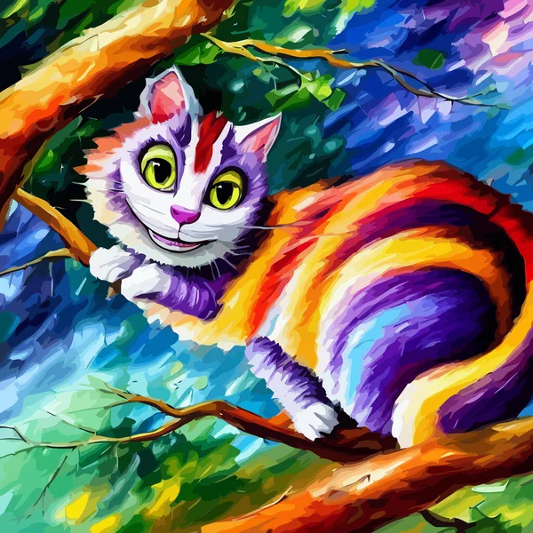 Colorido Vibrante Retrato Gato Cheshire Descansando Árbol Creado Con Cuchillo — Archivo Imágenes Vectoriales