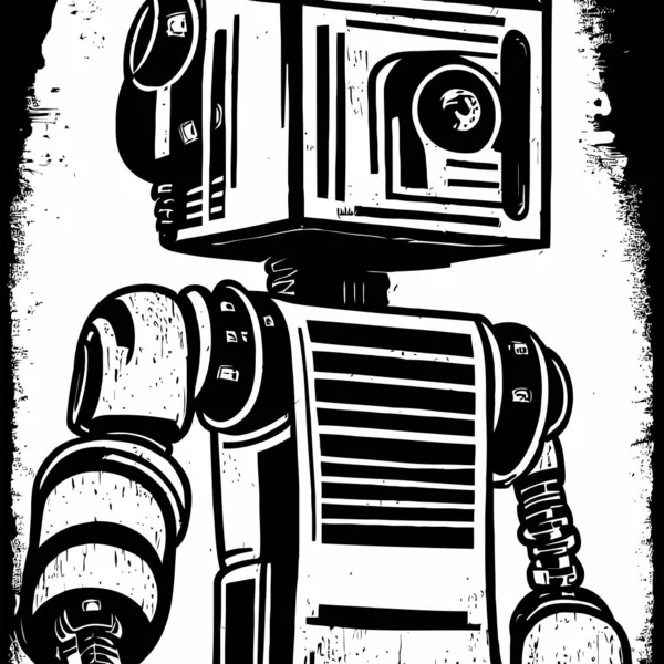 Retrato Estilo Cyberpunk Preto Branco Xilogravura Robô Com Efeitos Grunge —  Vetores de Stock