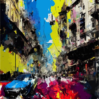 Dijital olarak yaratılmış, grunge Barcelona 'daki bir sokak manzarasının görüntüsünü serpiştirmiş.