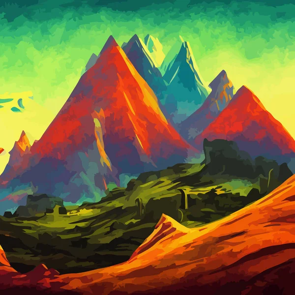 Dijital Olarak Yaratılmış Gerçeküstü Fantezi Tarzı Bir Kayalık Dağ Manzarası — Stok Vektör