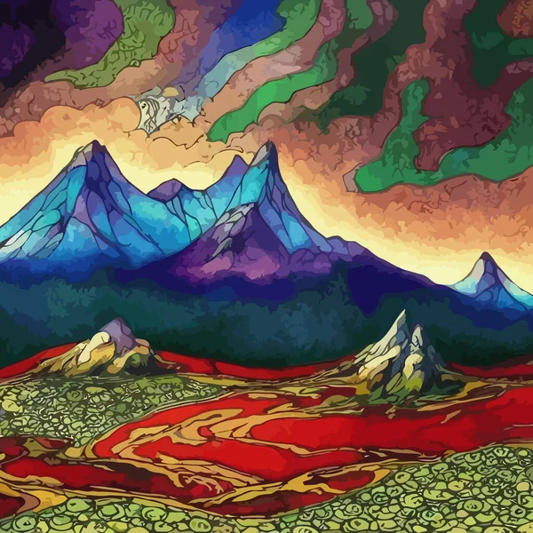 Een Digitaal Gecreëerde Surrealistische Fantasierijke Illustratie Van Een Berglandschap Met — Stockvector