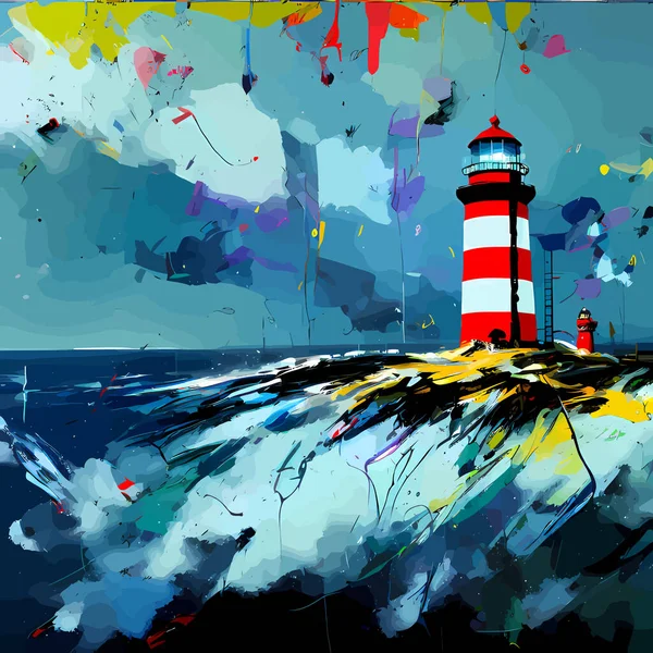 Dijital Olarak Yaratılmış Grunge Serpilmiş Bir Deniz Feneri Deniz Manzarası — Stok Vektör