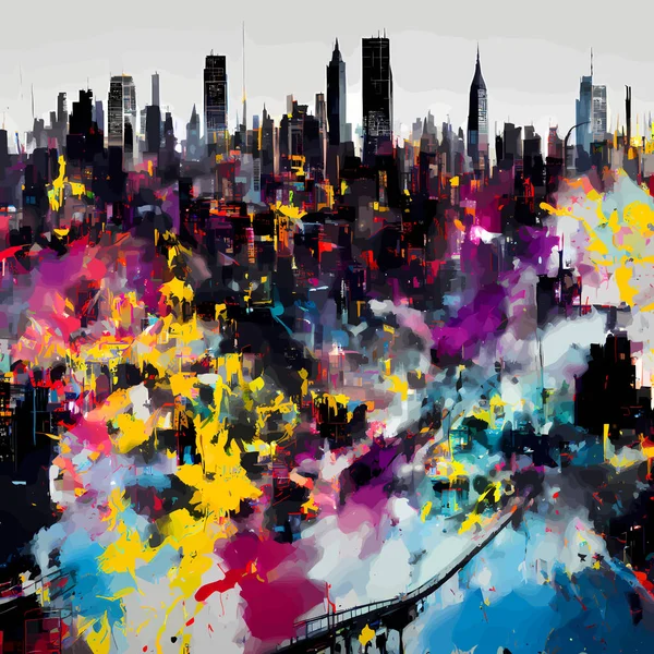 一幅数字创作的 发牢骚的 散落的曼哈顿天际线景象的风格图解 — 图库矢量图片