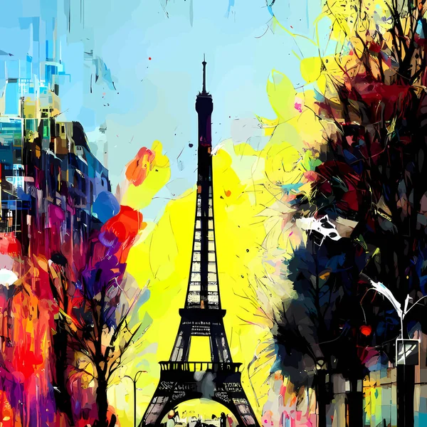 Una Ilustración Digital Estilo Grunge Salpicado Una Vista Torre Eiffel — Vector de stock