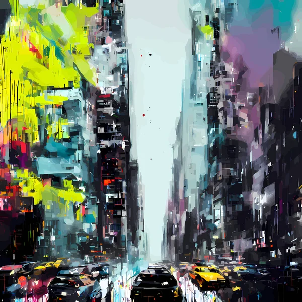 Digitálně Vytvořený Grunge Rozstříknutý Styl Ilustrující Pohled Newyorskou Pouliční Scénu — Stockový vektor