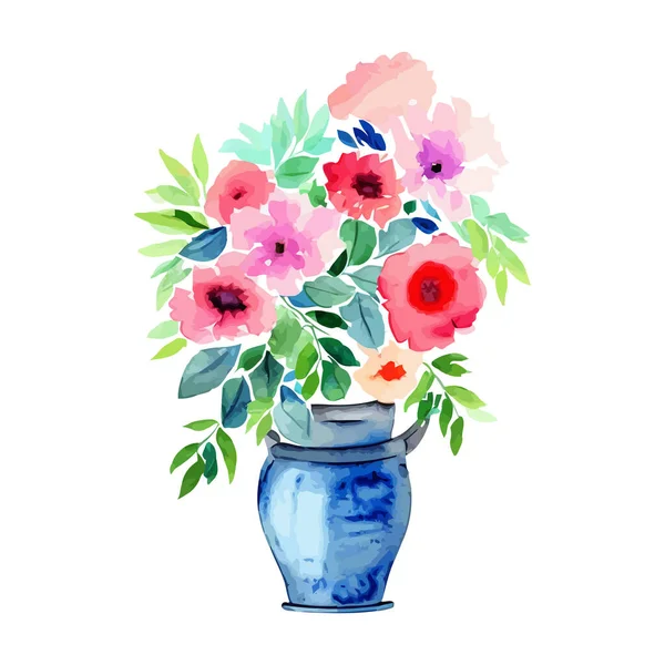 Mavi Bir Kapta Bir Demet Karışık Çiçek Suluboya Vektör Sanat — Stok Vektör