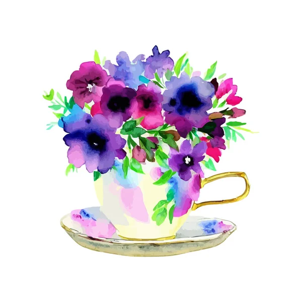 Досить Бузкові Квіти Чайному Горщику Оформлені Стилі Акварелі Векторне Мистецтво — стоковий вектор