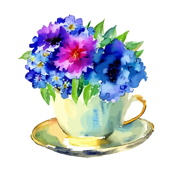 Bonito Ramo Flores Azules Maceta Una Taza Diseñado Estilo Arte — Vector de stock