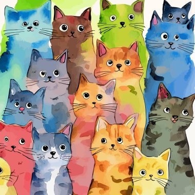 A group of cute furry cats in various colors and designed in a watercolor style.