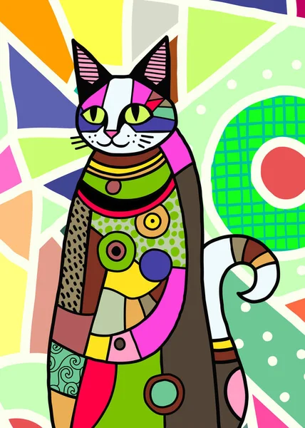Colorful Portrait Pet Cat Made Simple Geometric Patchwork Shapes — Stock Vector