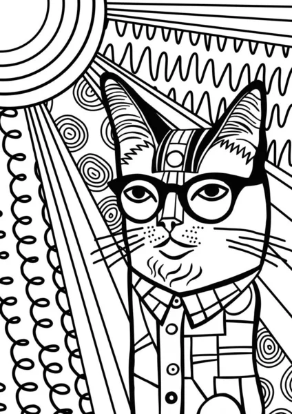 Cute Black White Hand Drawn Cat Portrait Fun Coloring Activity — Stock Vector