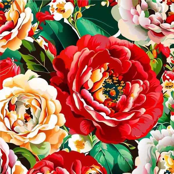 Ένα Τολμηρό Και Ζωντανό Σχέδιο Επιφάνειας Άγριων Λουλουδιών Και Τριαντάφυλλων — Διανυσματικό Αρχείο