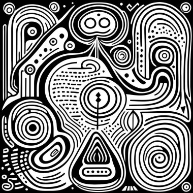 Dalgalar ve girdaplarla soyut bir desenin siyah beyaz çizimi..