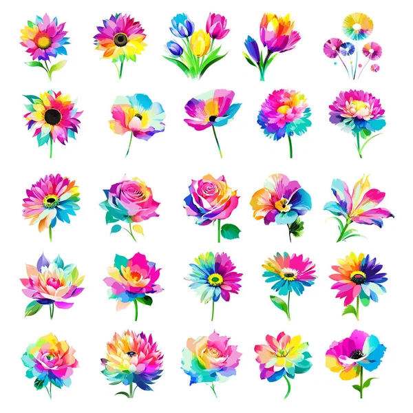 stock vector A set of 25 shabby chic rainbow flowers created in a vector watercolor art style.