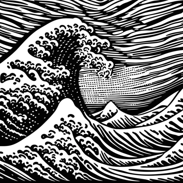Een Zwart Wit Houtgesneden Illustratie Van Een Oceaan Met Een — Stockvector
