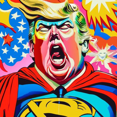 Amerika Birleşik Devletleri Başkanı Donald Trump 'ın dijital olarak yaratılmış, parlak ve renkli, çağdaş bir portresi süper kahraman tarzına benziyor..