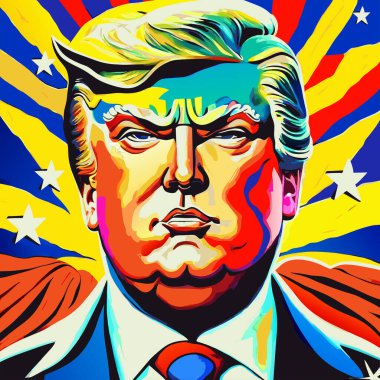 Amerika Birleşik Devletleri Başkanı Donald Trump 'ın dijital olarak yaratılmış, parlak ve renkli, çağdaş bir portresi süper kahraman tarzına benziyor..