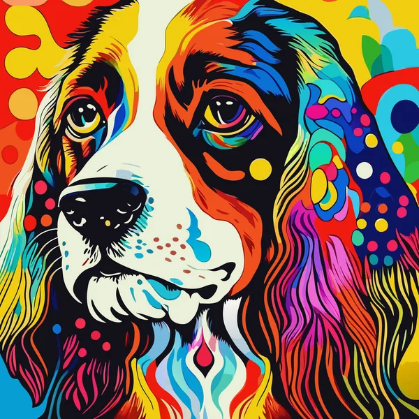 Cyfrowo Stworzony Jasny Kolorowy Funky Współczesny Portret Psa King Charles — Wektor stockowy