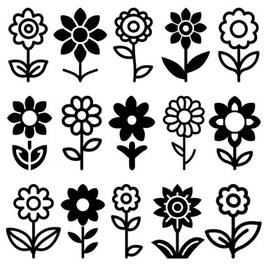 Yaprak ve gövde tasarımlı 15 basit siyah piktogram çiçek ikonu..