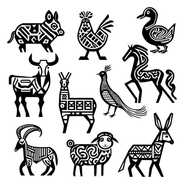 Set Farm Animals Created Black Silhouette Style Minimal Tribal Patterning — Stock Vector