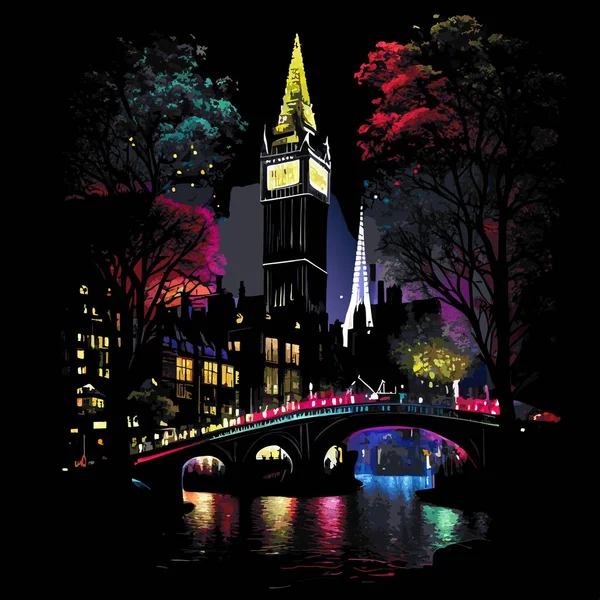 Une Scène Artistique Illuminée Ville Londres Nuit Avec Lumières Reflets — Image vectorielle