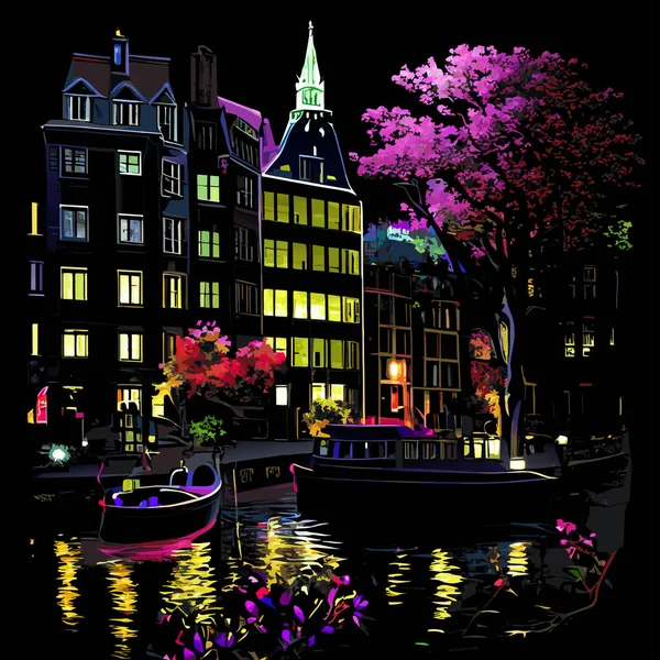 Geceleri Işık Yansımalarla Dolu Amsterdam Şehrinin Sanatsal Aydınlatıcı Bir Sahnesi — Stok Vektör