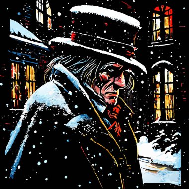 Huysuz yaşlı Ebenezer Scrooge 'un köyde yürüdüğü Viktorya dönemi Londra' sının sanatsal ve aydınlatıcı bir sahnesi.. 