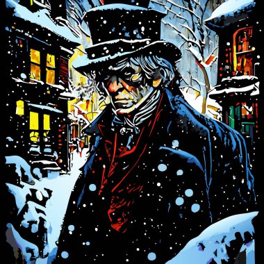 Huysuz yaşlı Ebenezer Scrooge 'un köyde yürüdüğü Viktorya dönemi Londra' sının sanatsal ve aydınlatıcı bir sahnesi.. 