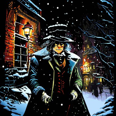 Huysuz yaşlı Ebenezer Scrooge 'un köyde yürüdüğü Viktorya dönemi Londra' sının sanatsal ve aydınlatıcı bir sahnesi.. 