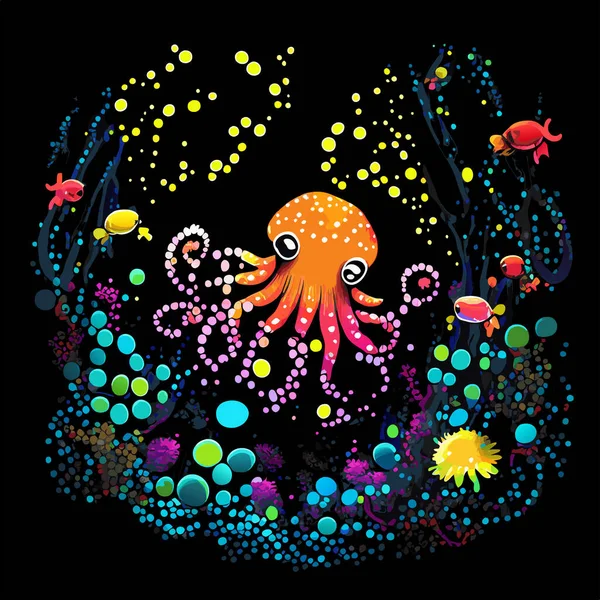 Artistic Illustration Underwater Marine Life Scene Baby Octopus Sea Fauna — Stock Vector
