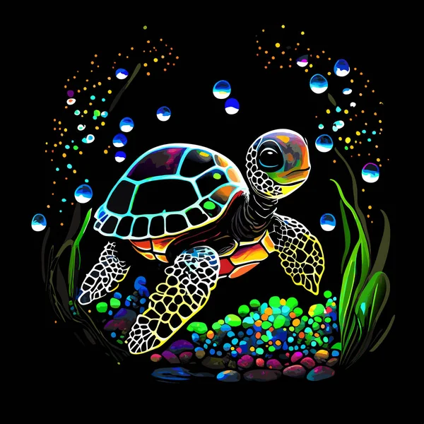 Künstlerische Illustration Einer Unterwasserwelt Mit Schildkrötenbaby Und Meeresfauna — Stockvektor