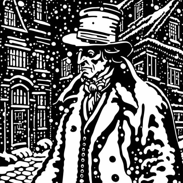 维多利亚时代伦敦的黑白照片 脾气暴躁的老埃本尼泽 斯克罗格走过村庄 — 图库矢量图片